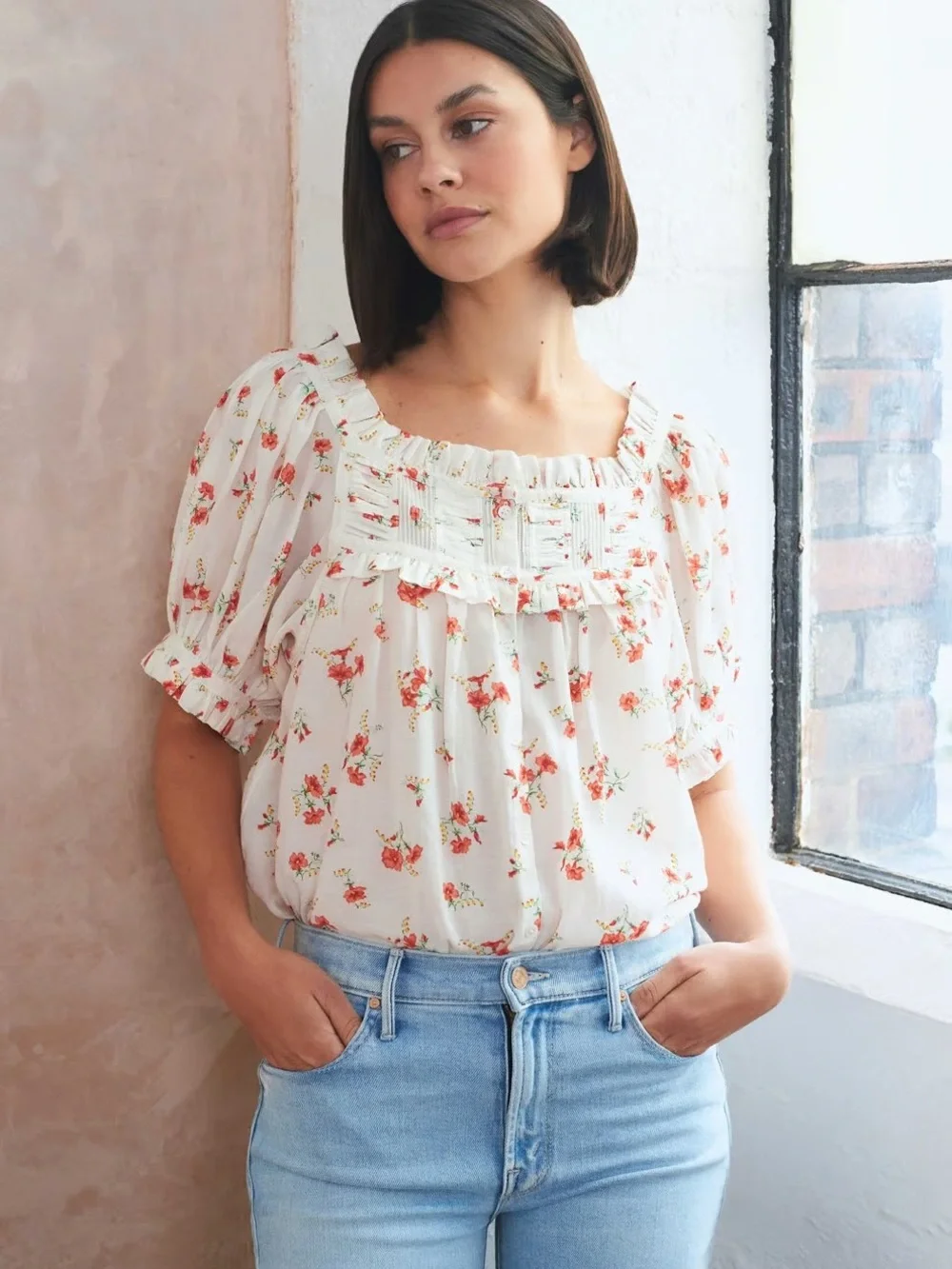 Doen White Blouse with Red Floral Print and Green Accents